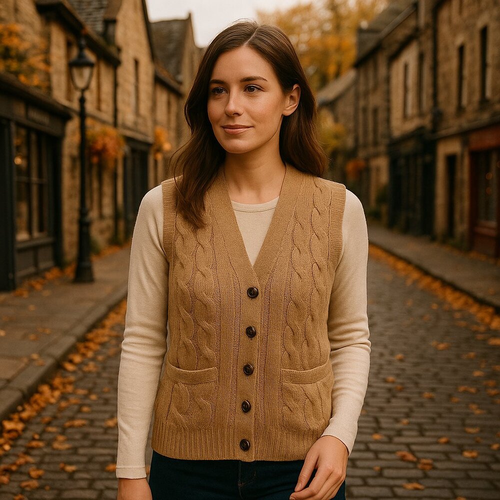 VINTAGE William Lockie of Hawick 100% Pure Camel Hair Cableknit Tan Sweater Vest